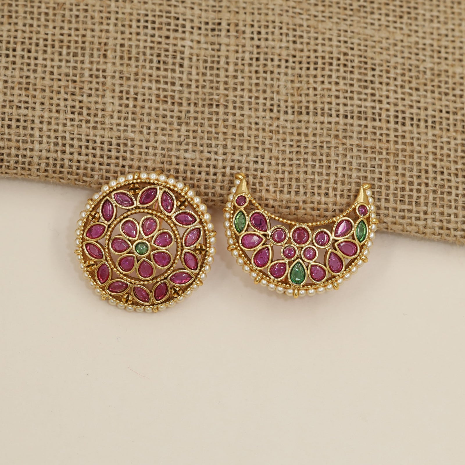 Grand Kempu sun moon earrings with floral medallion styling