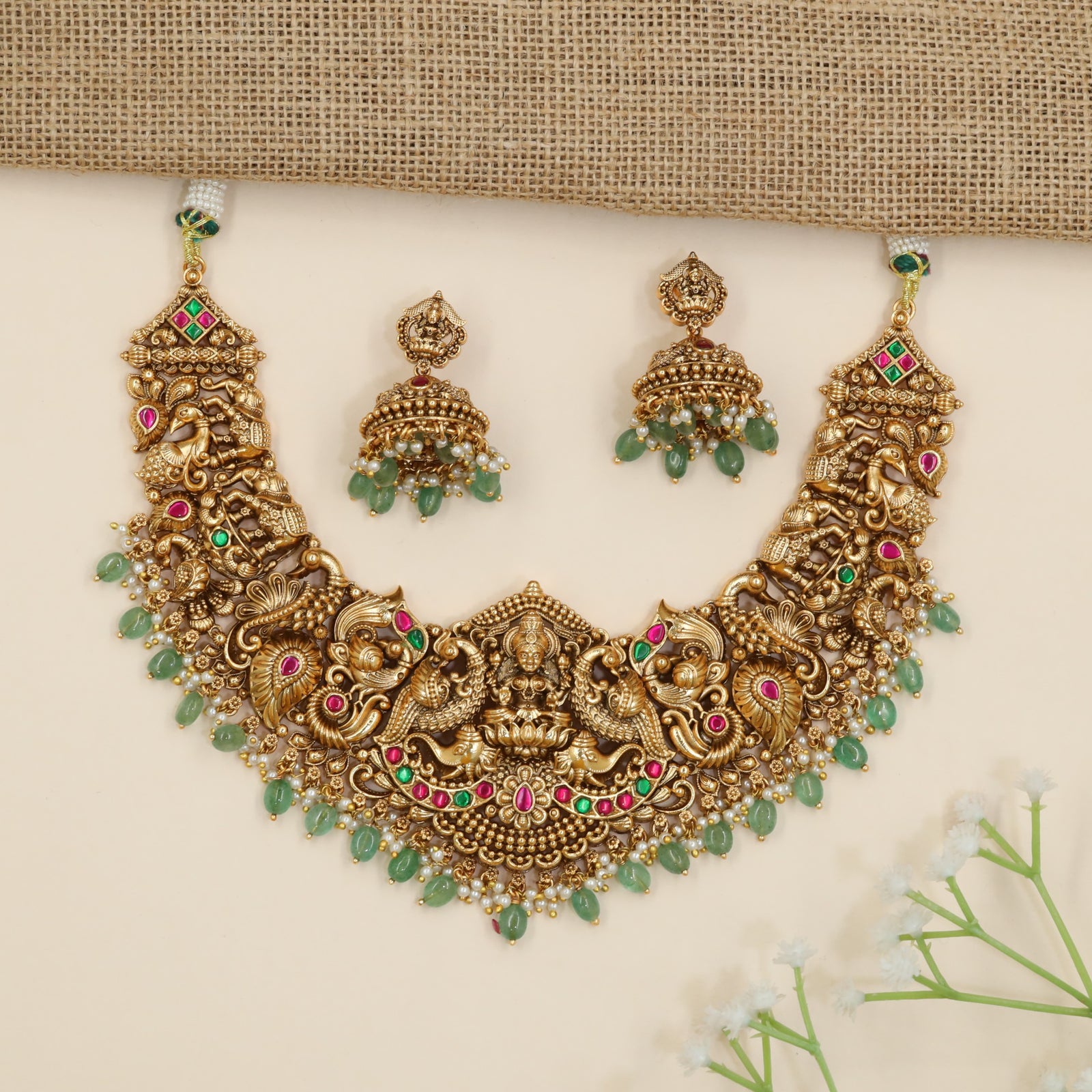 Traditional necklace with Goddess Lakshmi and peacock panels