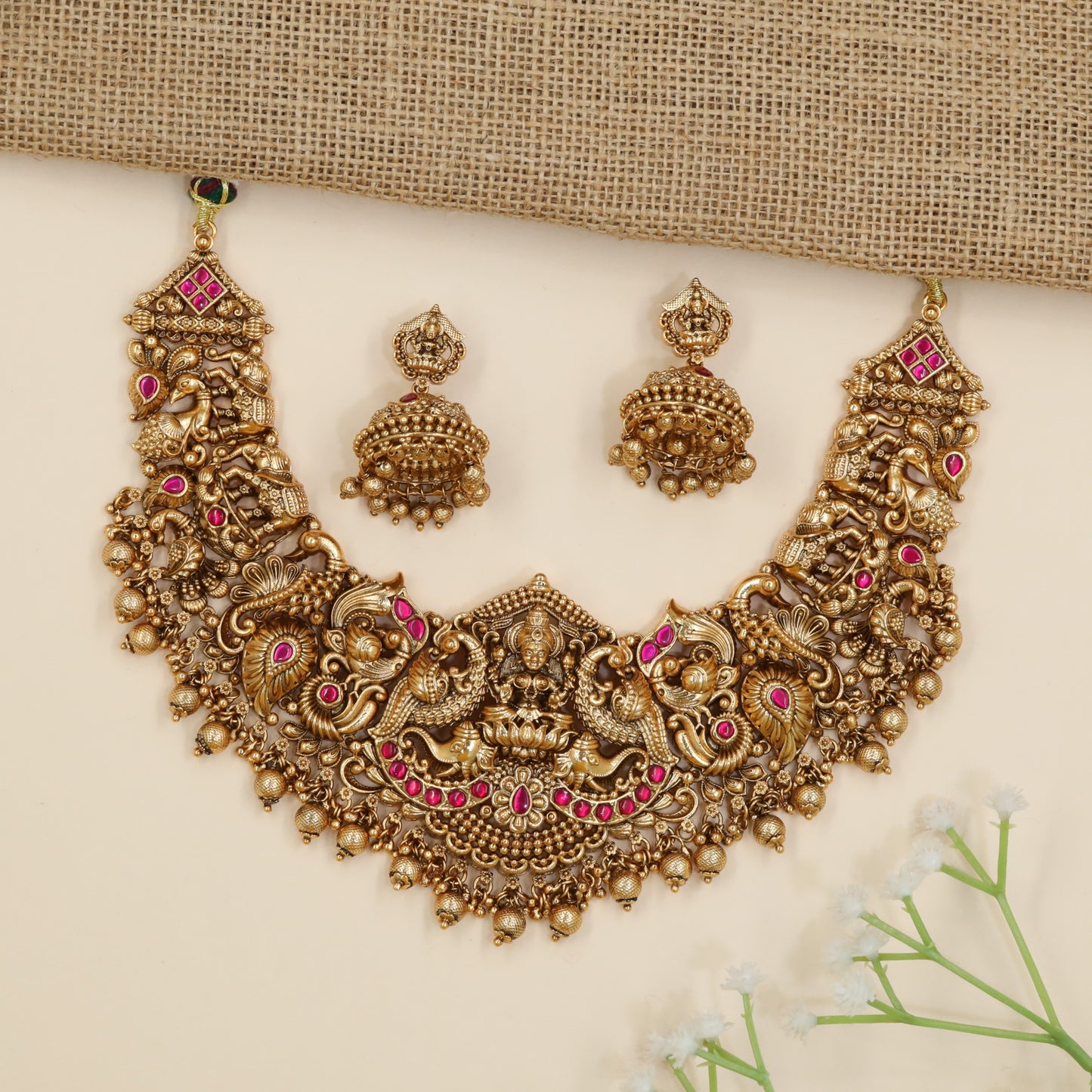 Traditional necklace with Goddess Lakshmi and peacock panels
