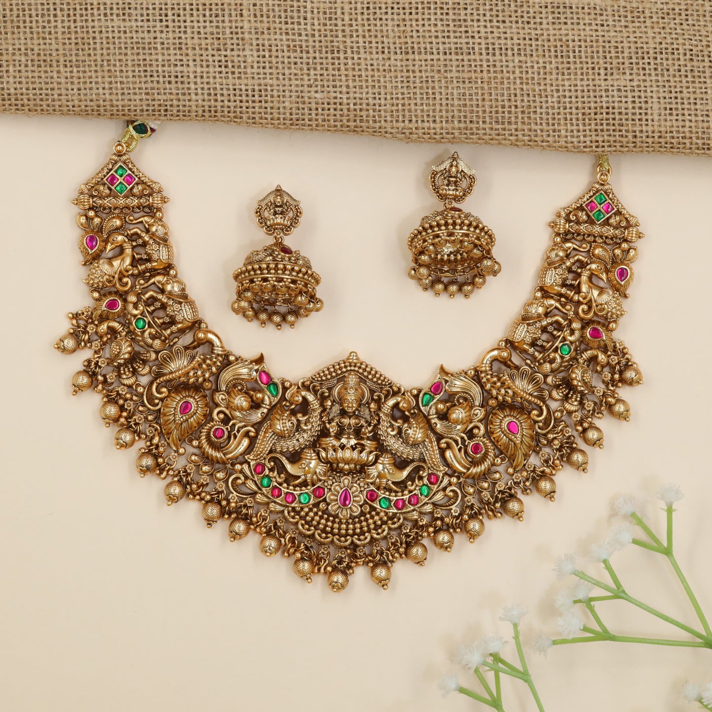 Traditional necklace with Goddess Lakshmi and peacock panels