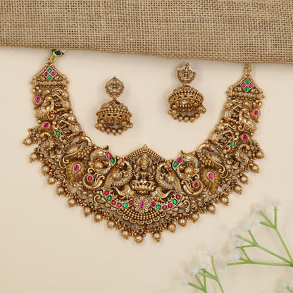 Traditional necklace with Goddess Lakshmi and peacock panels