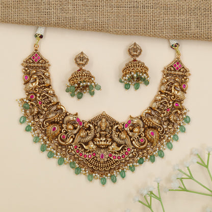 Traditional necklace with Goddess Lakshmi and peacock panels
