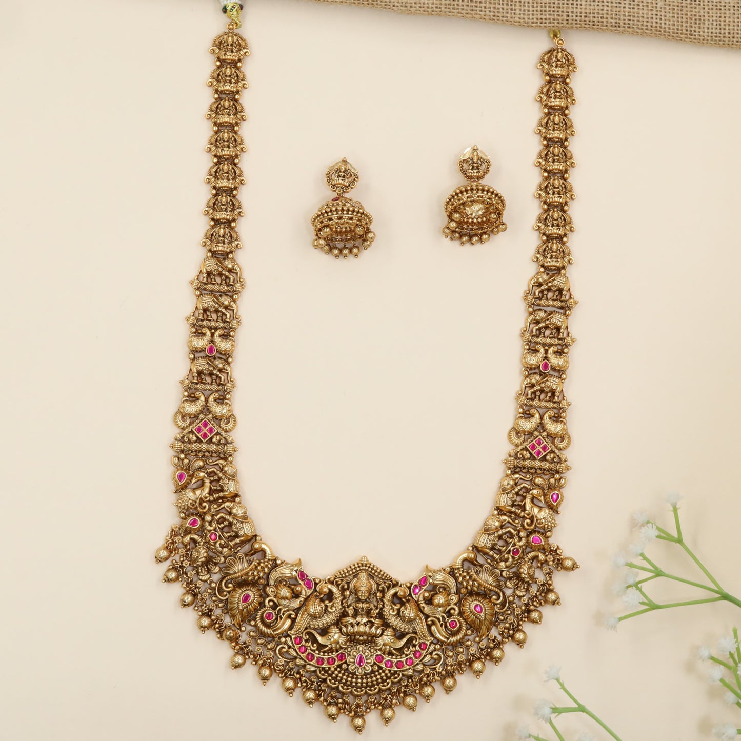 Antique Lakshmi long haara with sculpted peacock artistry