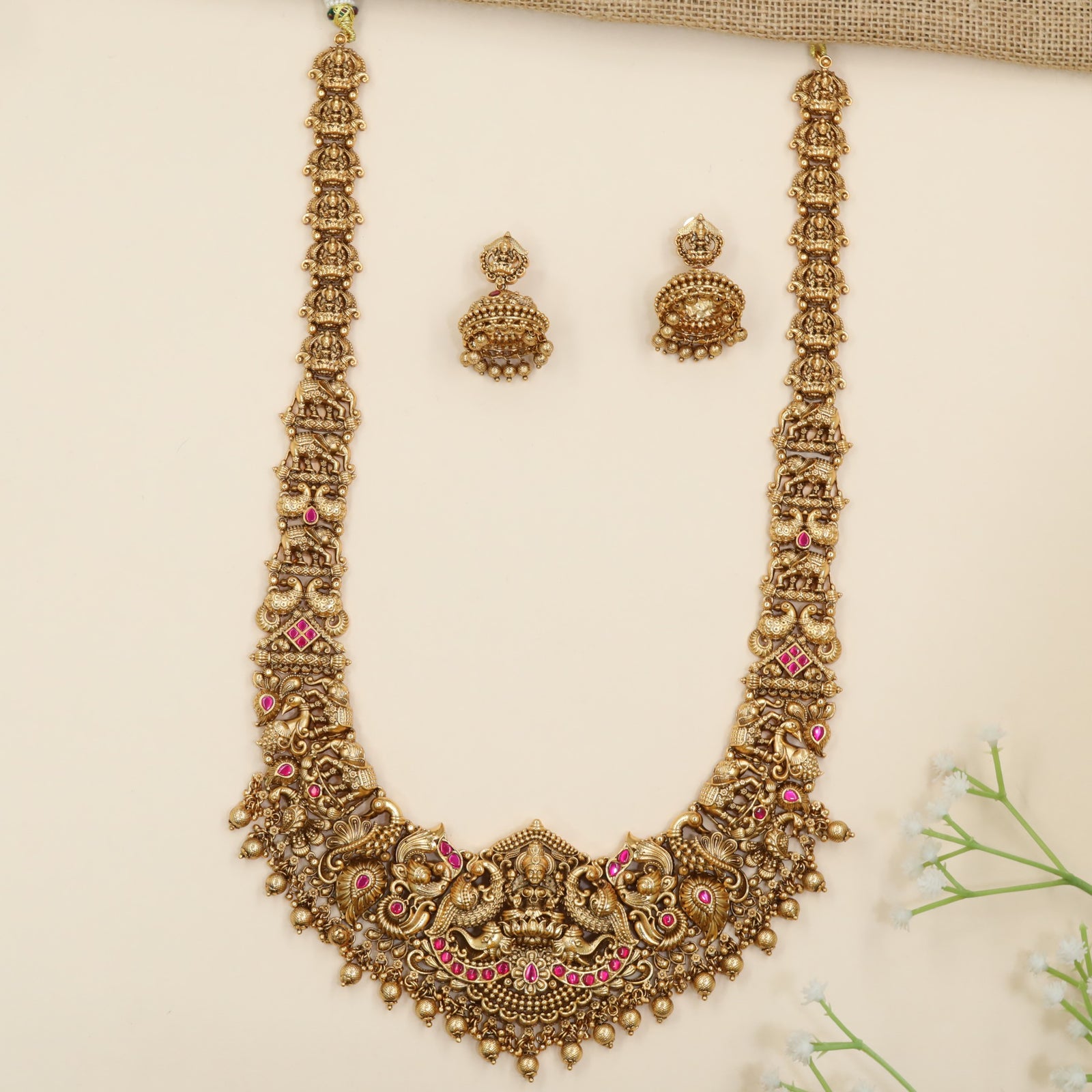 Antique Lakshmi long haara with sculpted peacock artistry