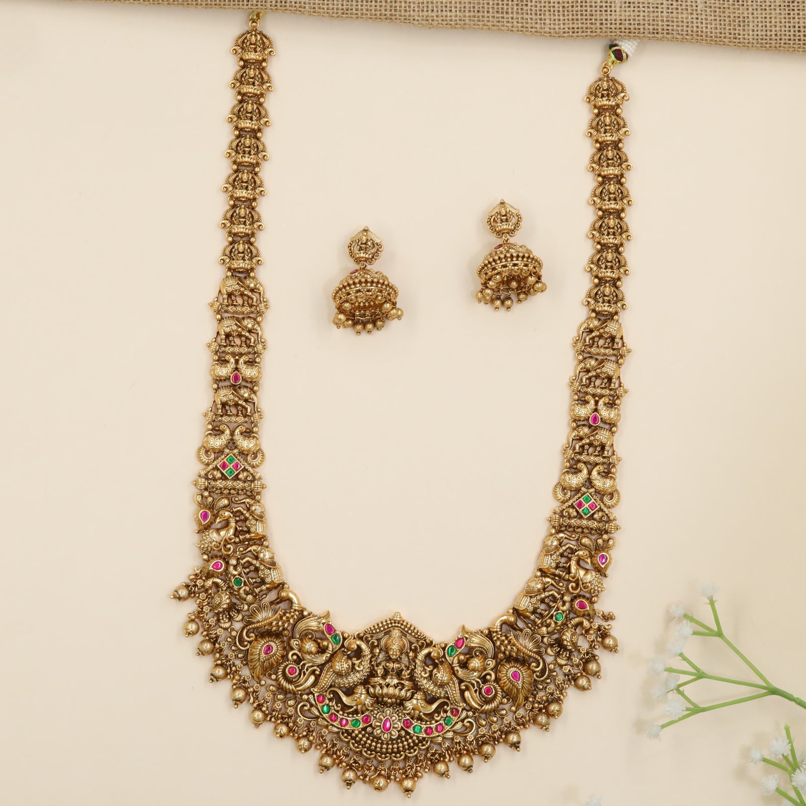 Antique Lakshmi long haara with sculpted peacock artistry