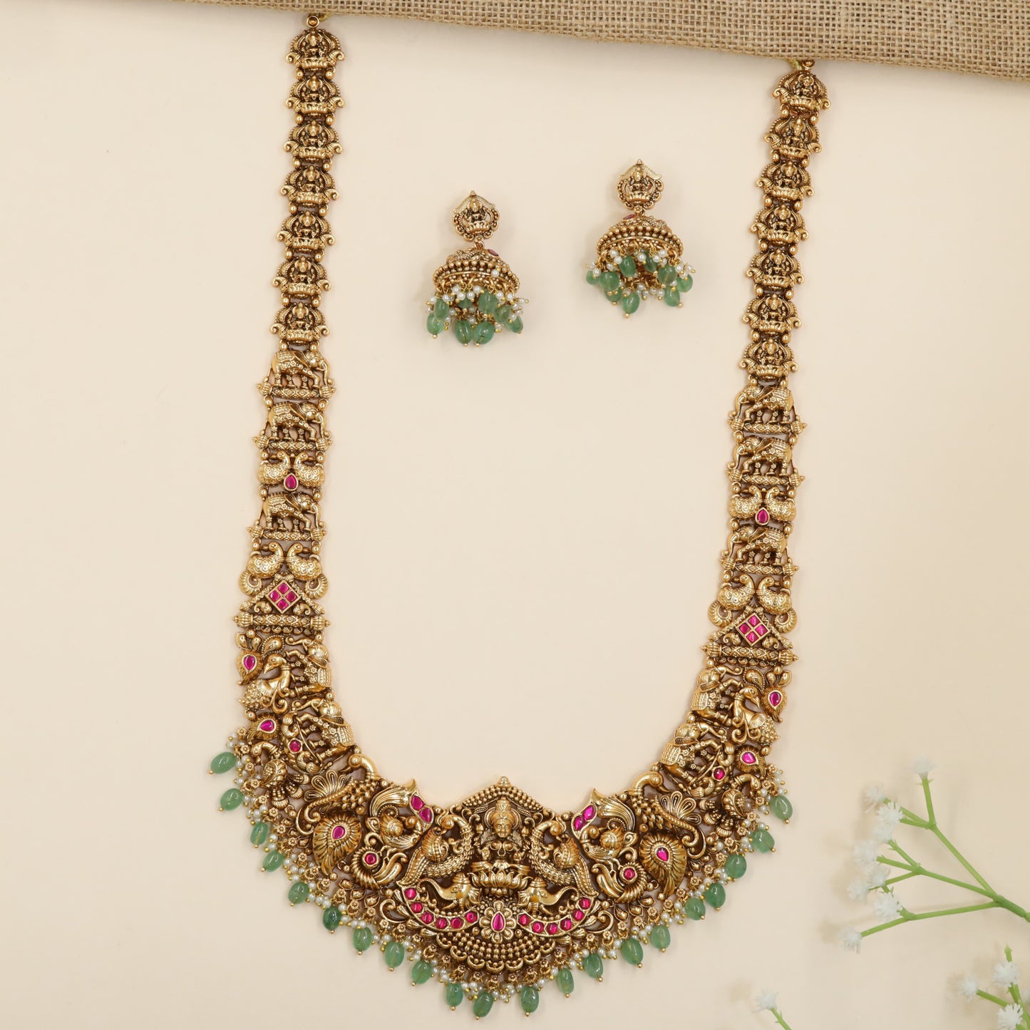 Antique Lakshmi long haara with sculpted peacock artistry