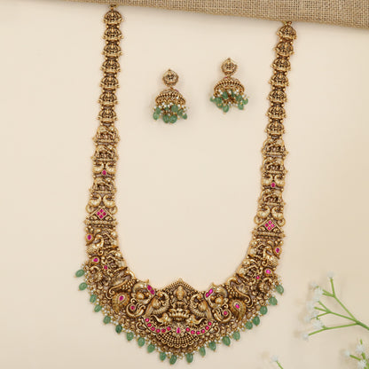 Antique Lakshmi long haara with sculpted peacock artistry