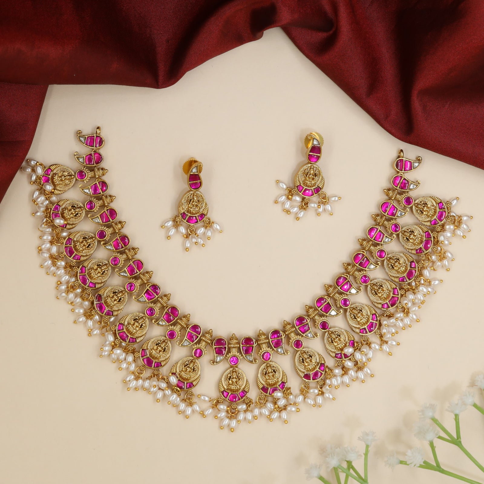 Lakshmi jadau necklace with coin motifs and pearl fringe