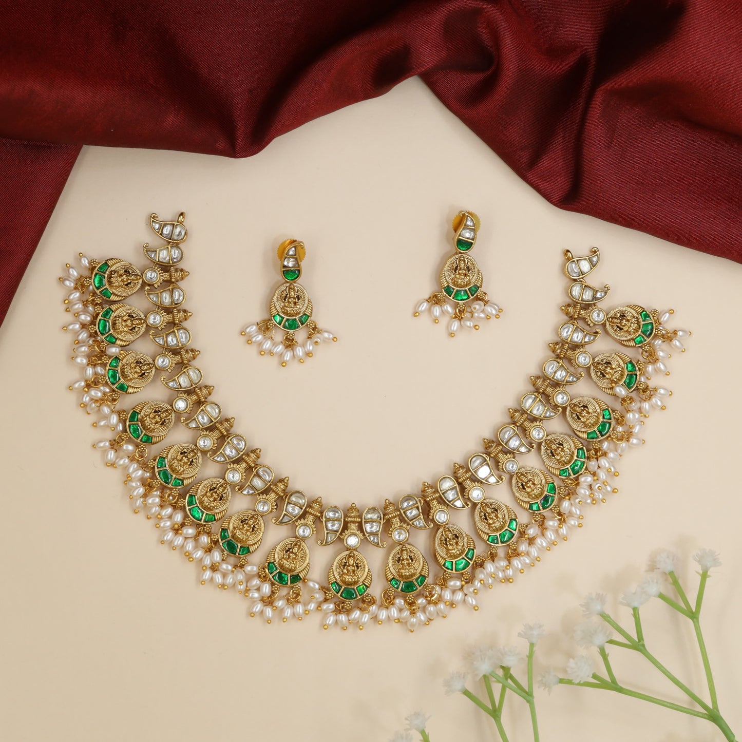 Lakshmi jadau necklace with coin motifs and pearl fringe