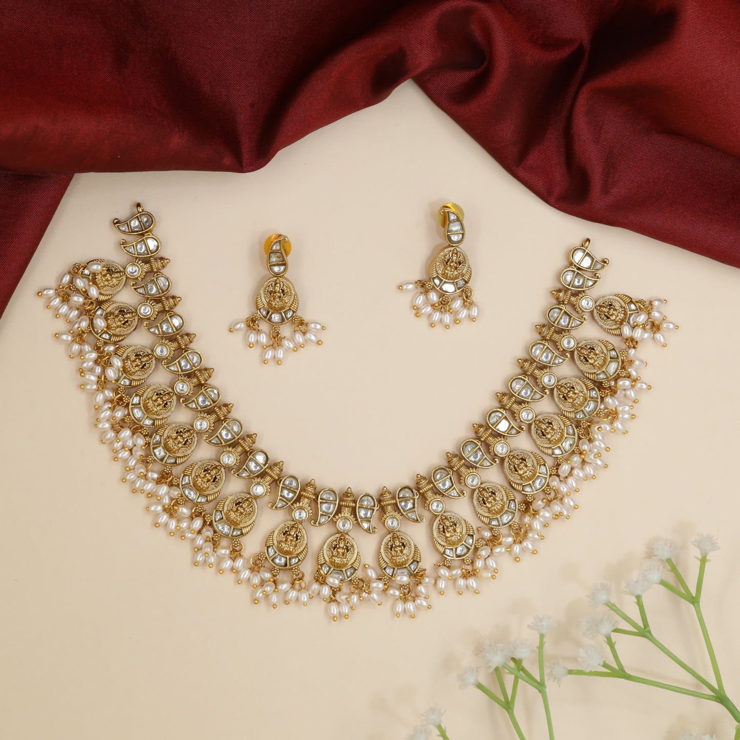 Lakshmi jadau necklace with coin motifs and pearl fringe