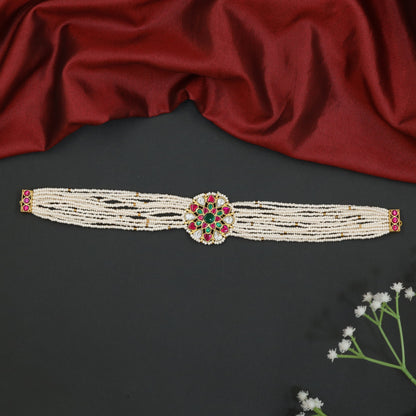 Floral jadau beads choker with multi-strand pearl design