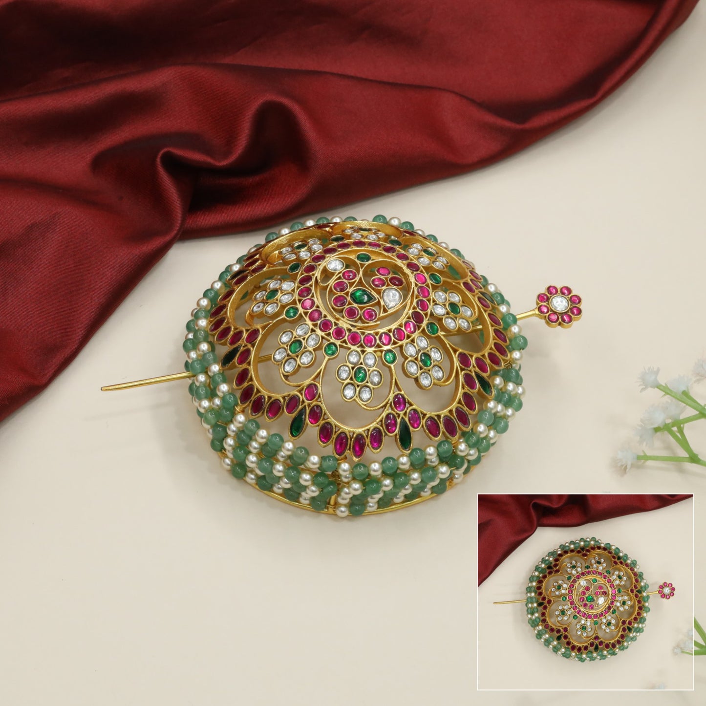 Bridal jadau hair bun with floral medallion centerpiece
