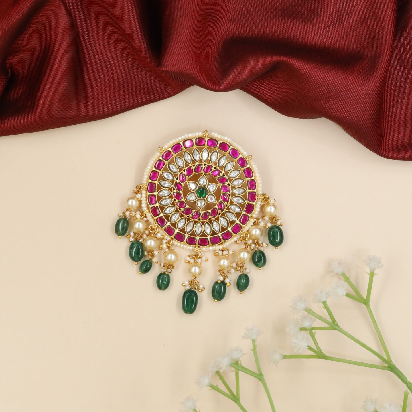 Designer jadau pendant with layered floral medallion styling