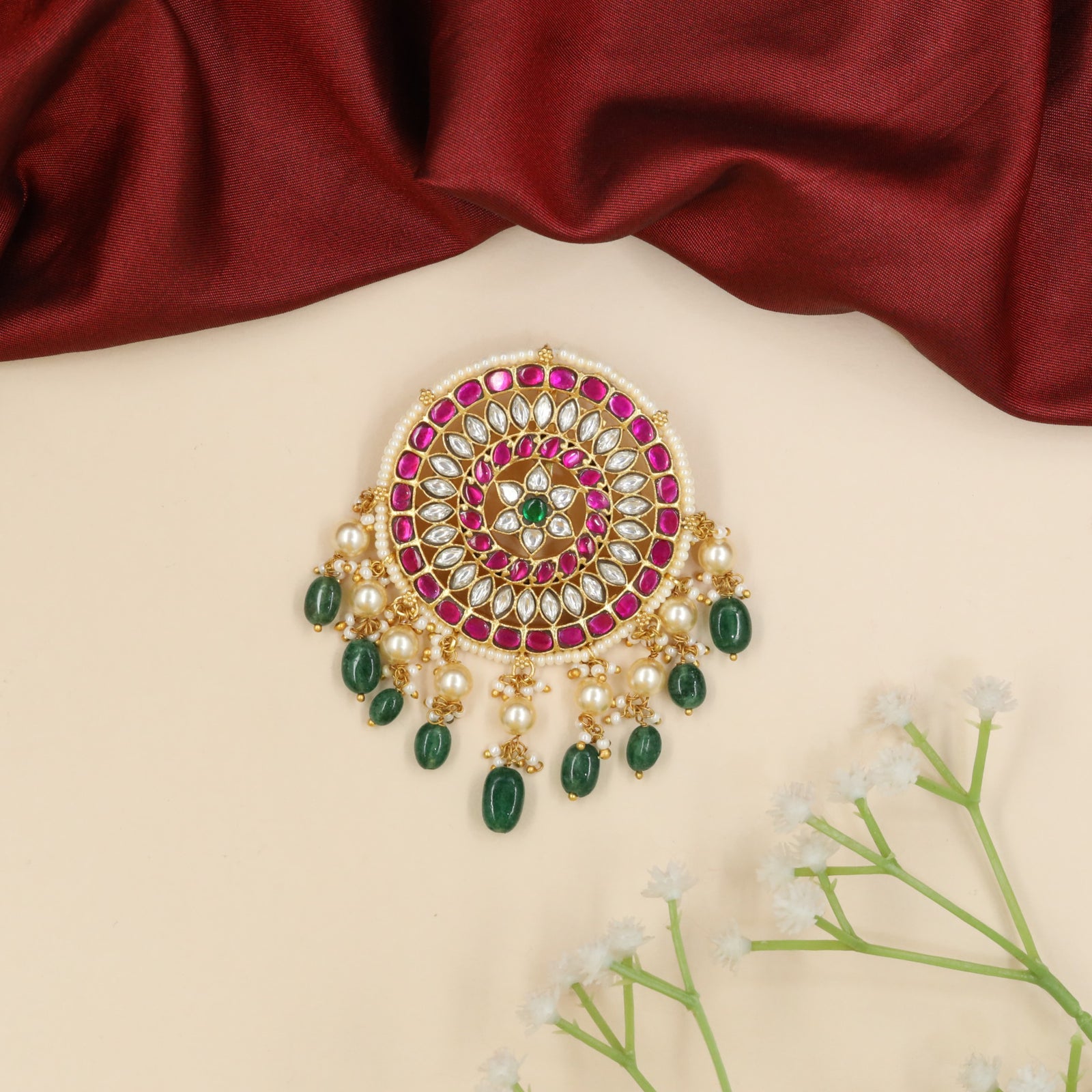 Designer jadau pendant with layered floral medallion styling