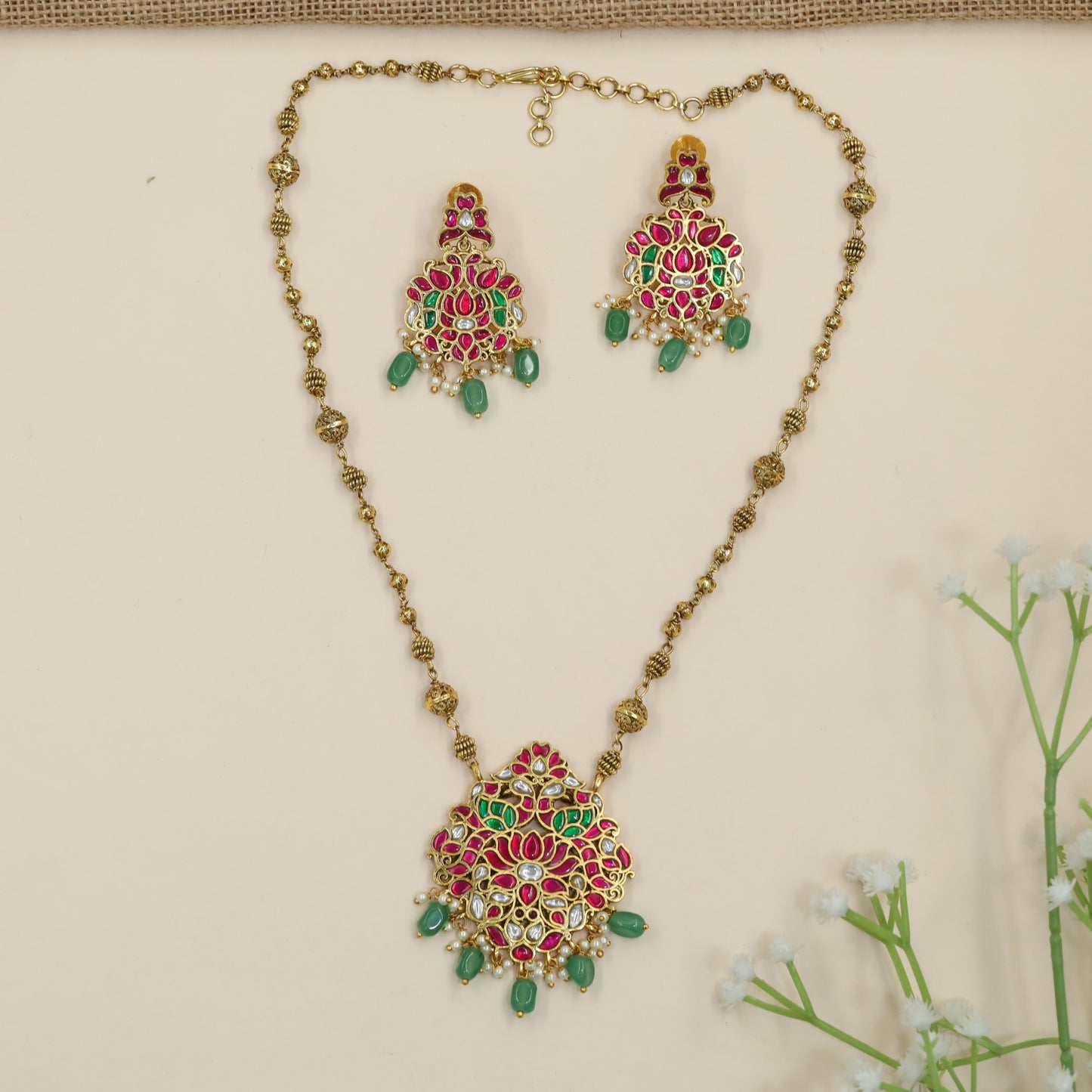 Heritage Jadau chain with blooming floral pendant and decorative bead drops