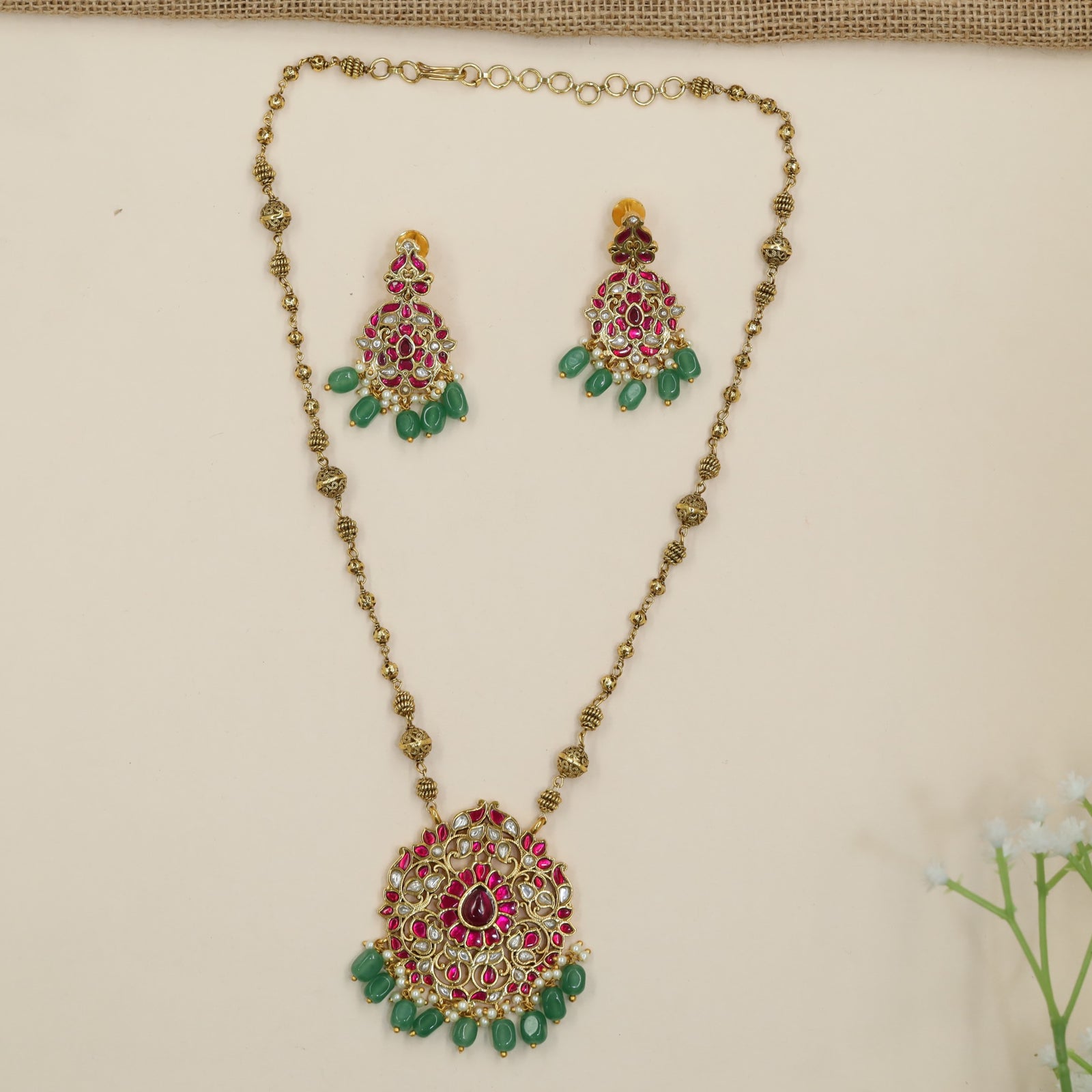 Heritage Jadau chain with twin peacock pendant and decorative bead drops