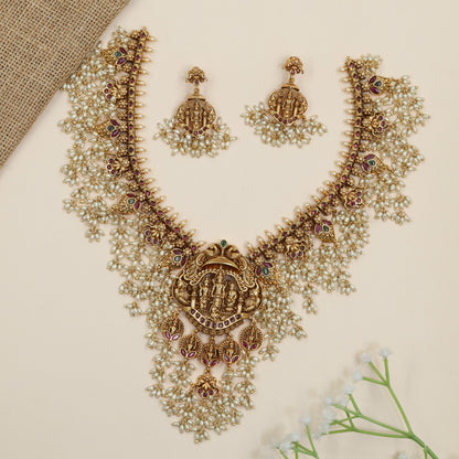 Premium antique necklace with Rama Darbar centerpiece and floral bead craftsmanship