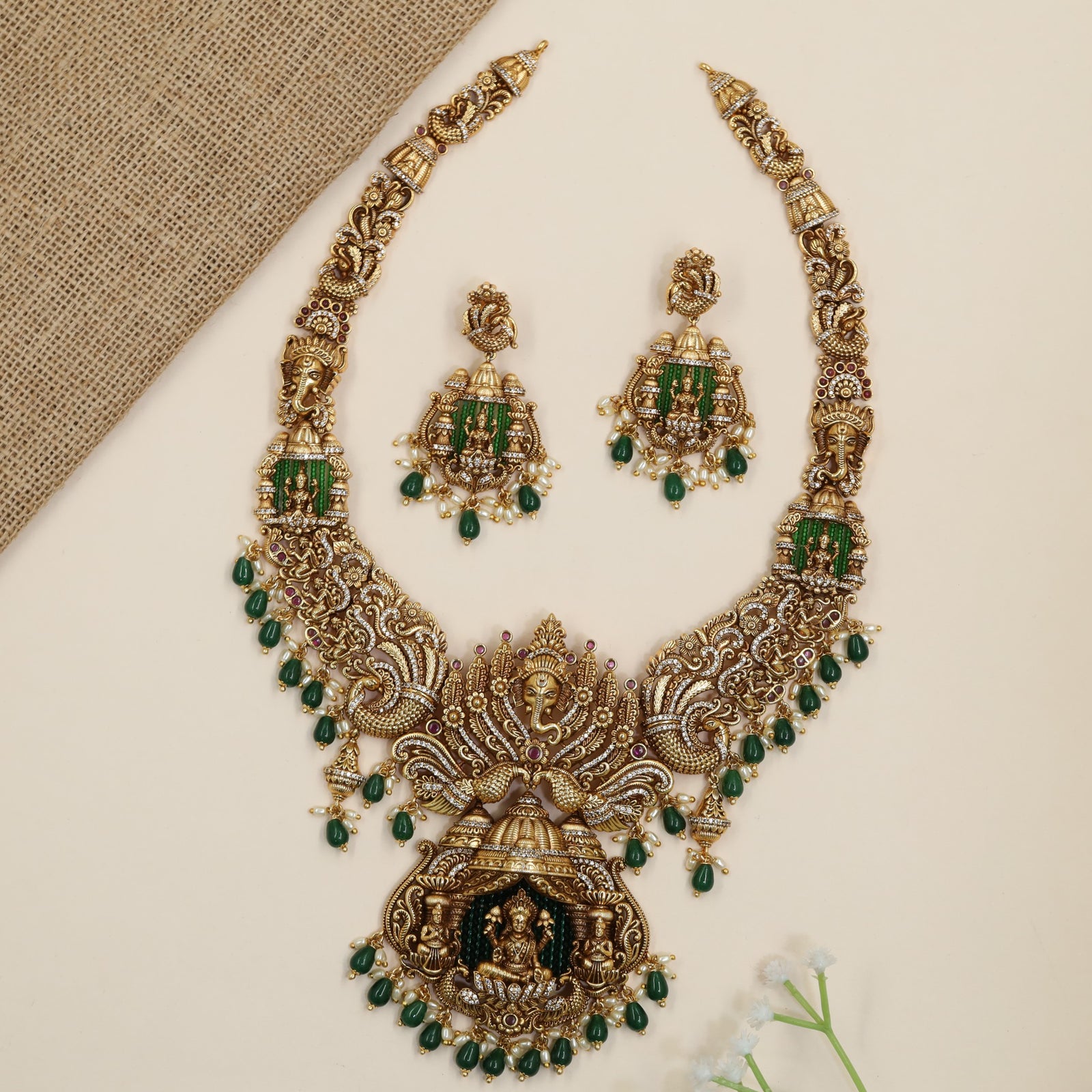 Temple long haara with Lord Ganesha centerpiece and architectural shrine pendant