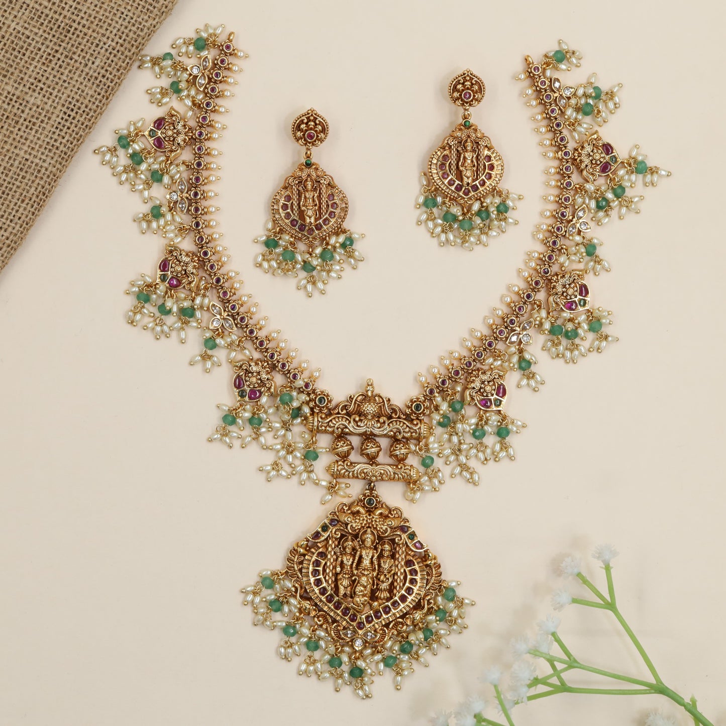 Statement Rama Darbar necklace with ornate pendant and floral bead accents