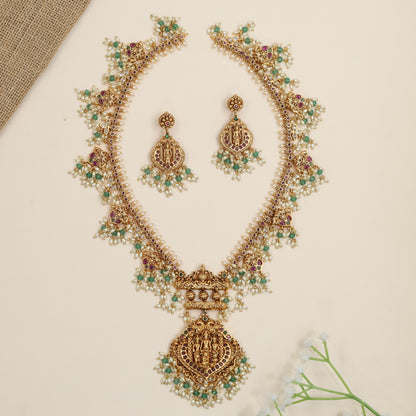 Antique Rama Darbar long haara with temple pendant and pearl vine fringe