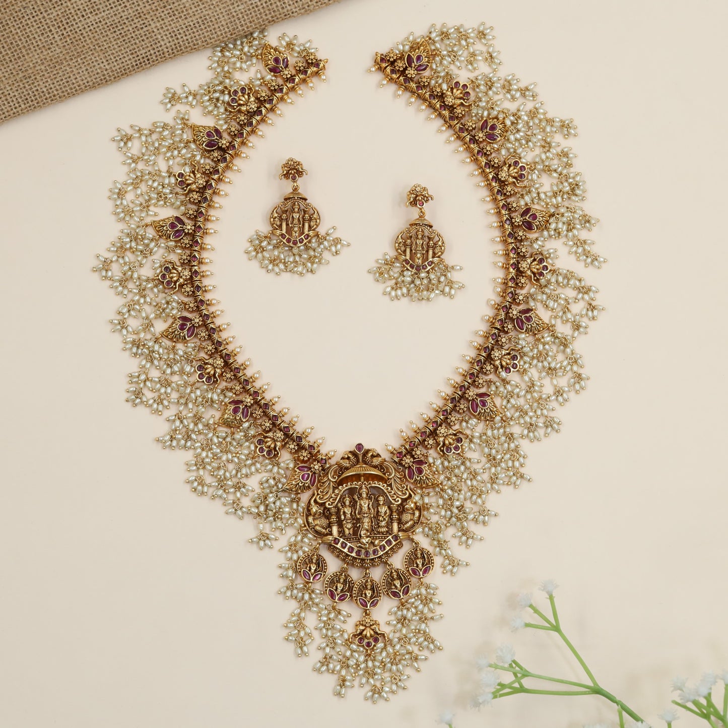 Antique Rama Darbar long haara with pearl vine fringe and temple pendant