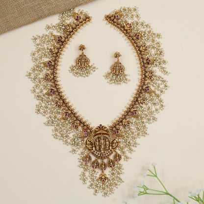 Antique Rama Darbar long haara with pearl vine fringe and temple pendant