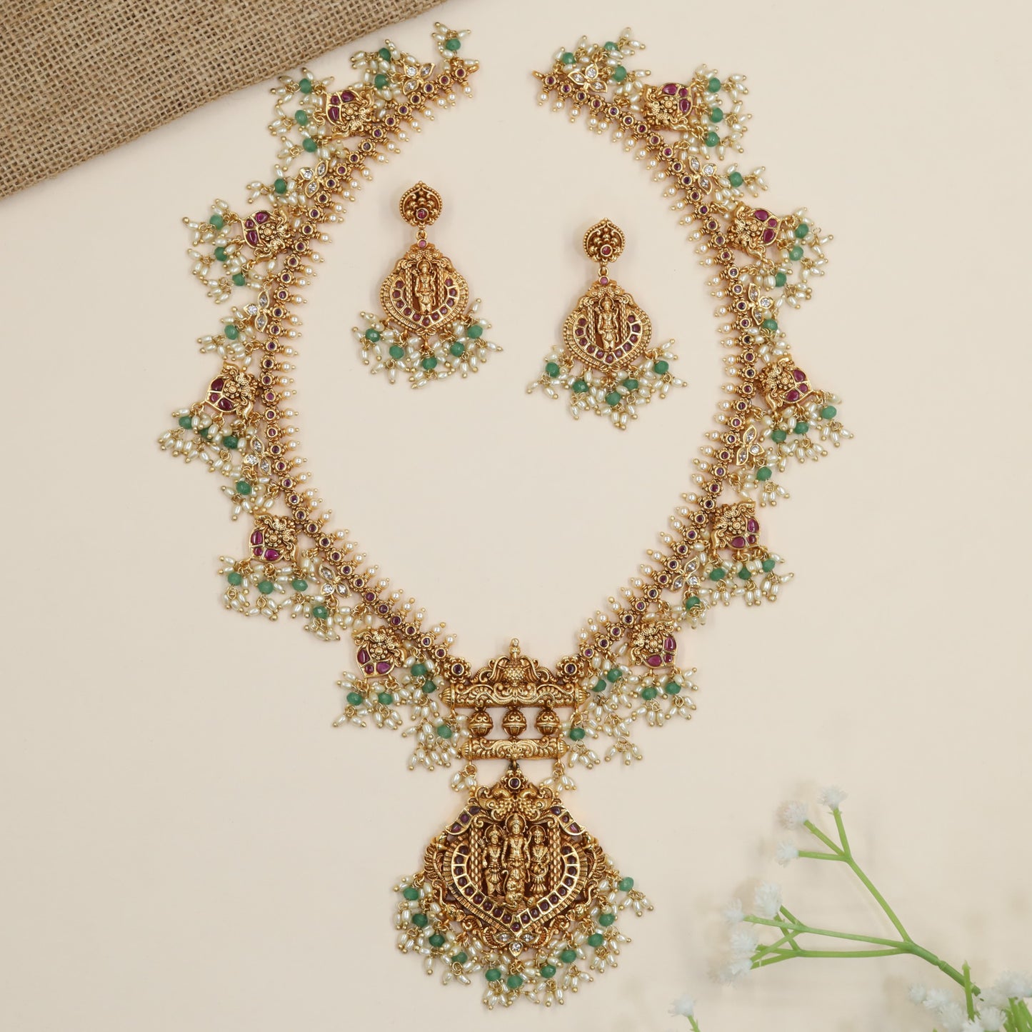 Antique Rama Darbar long haara with temple pendant and pearl vine fringe