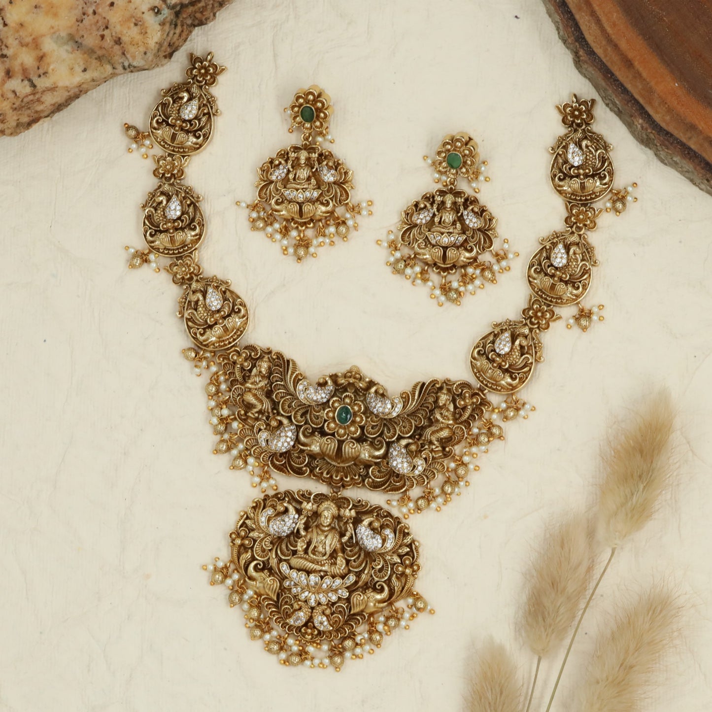 Traditional temple necklace with Lakshmi motif and scrollwork design