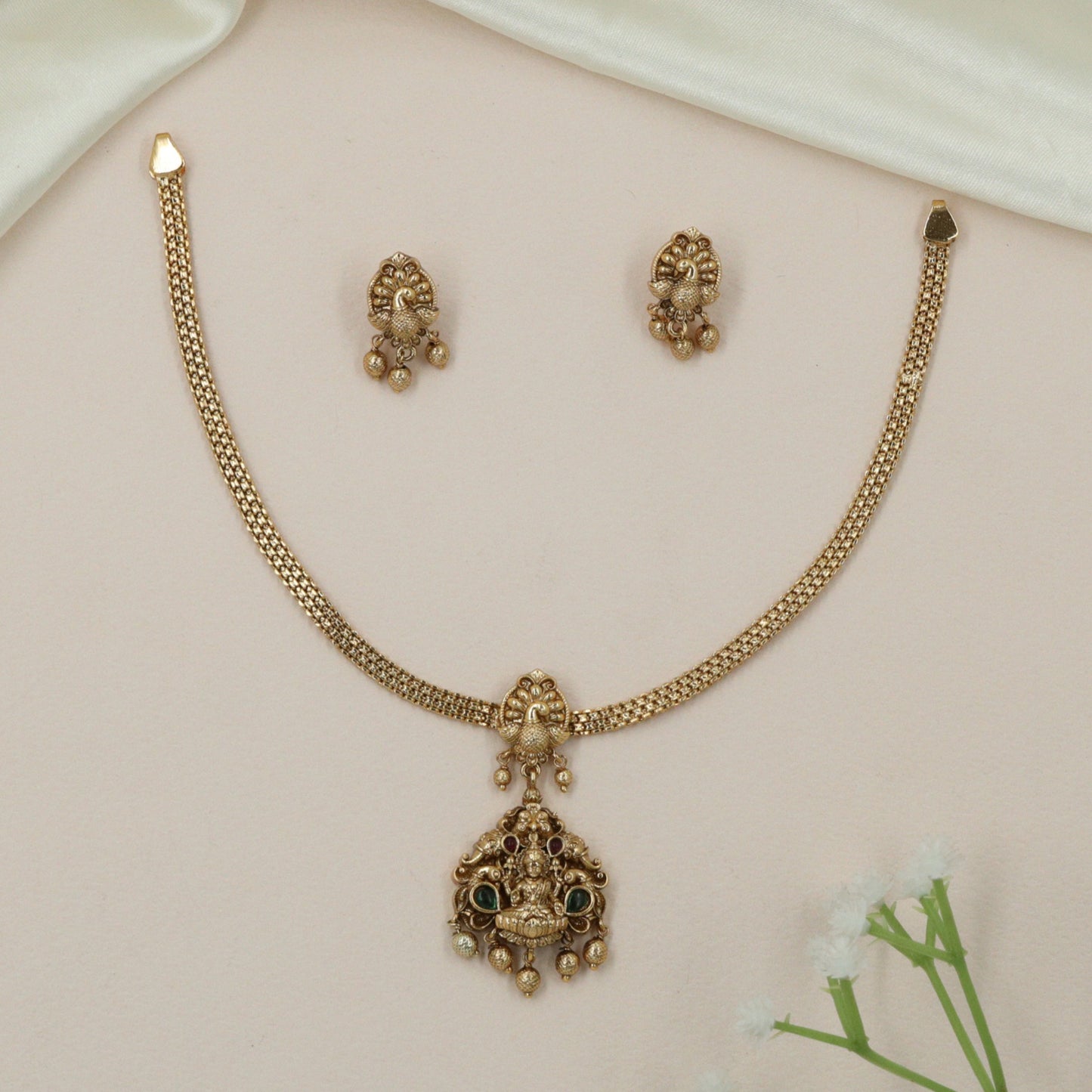 Grand temple necklace with sculpted Lakshmi pendant and artisan detailing