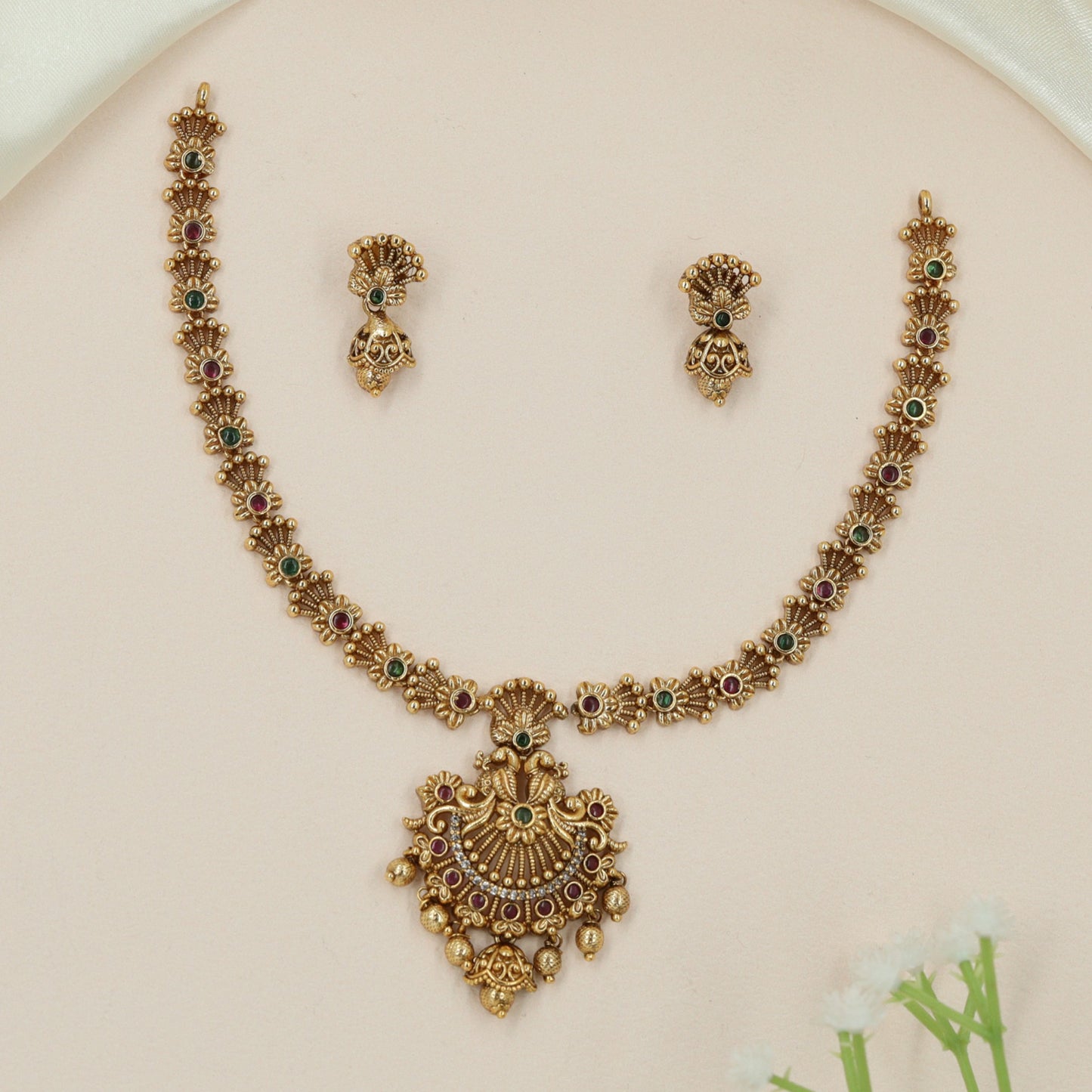 Antique peacock necklace with floral link chain and statement pendant