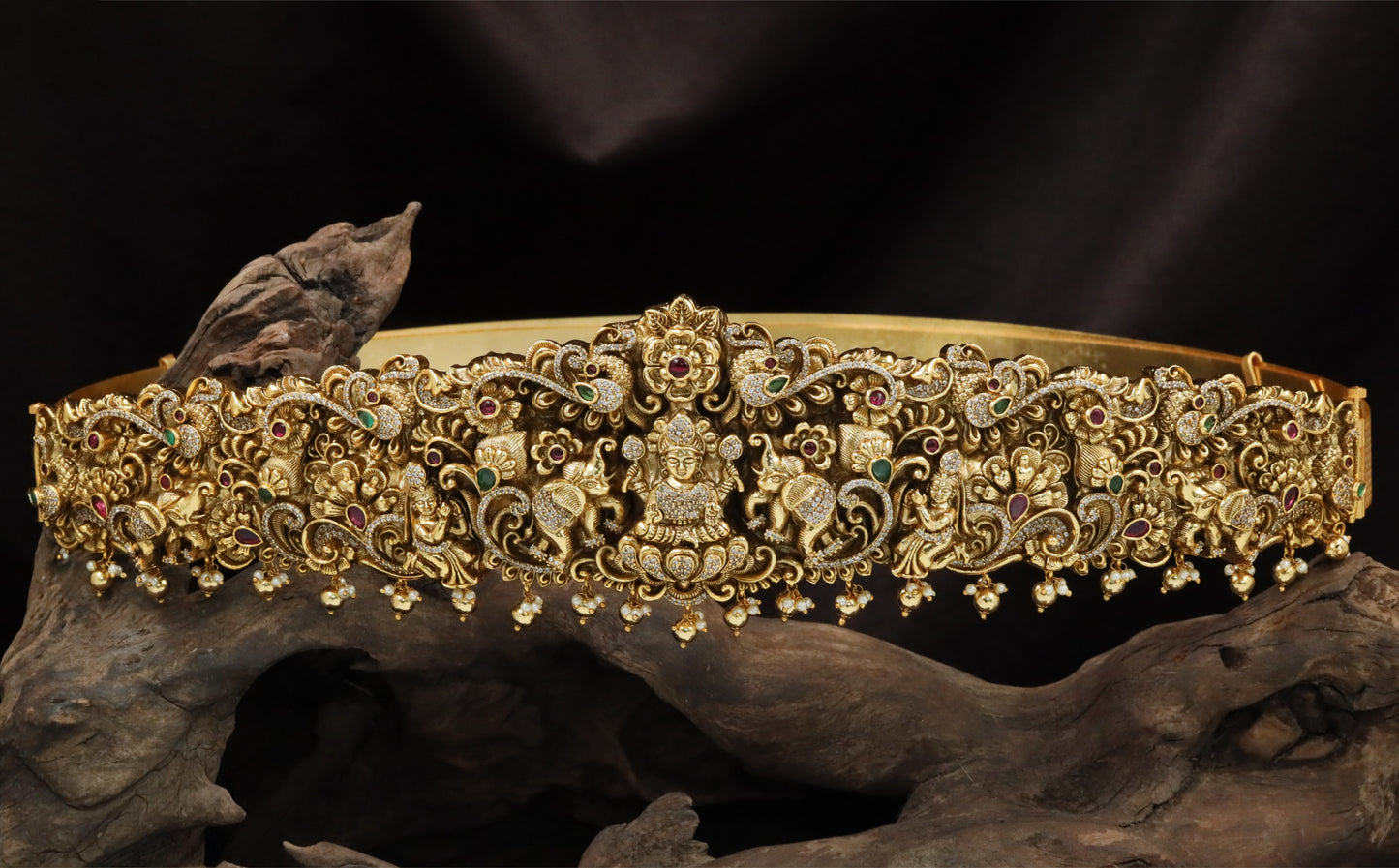Designer temple dabu with Lakshmi centerpiece and peacock motifs