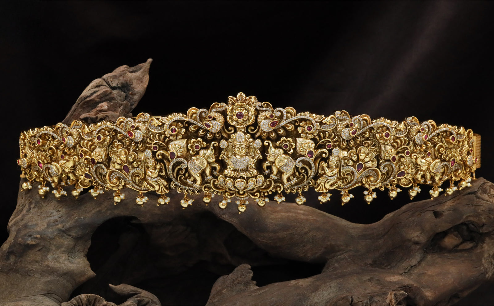 Designer temple dabu with Lakshmi centerpiece and peacock motifs