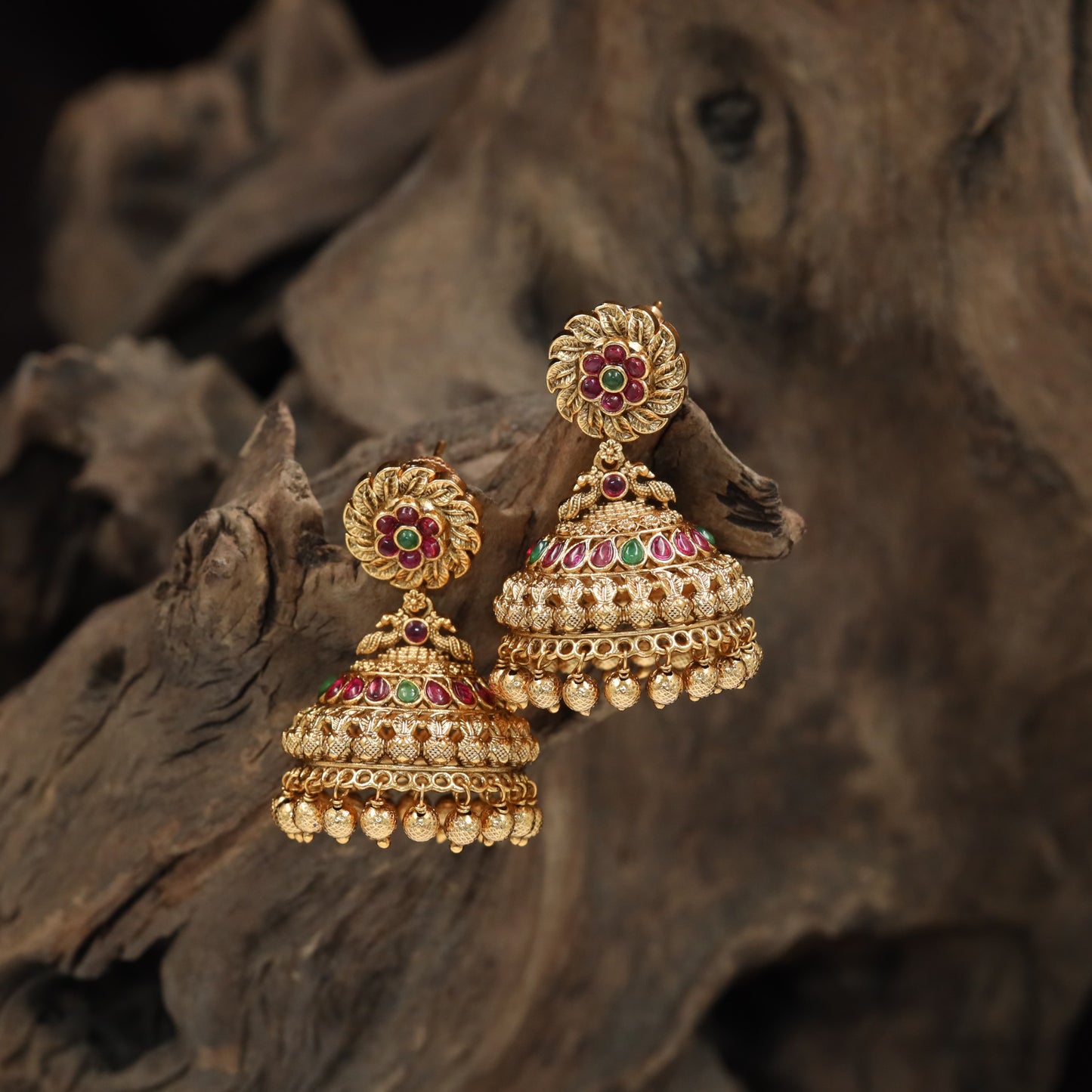 Antique jhumka with rosette top and tiered bell detailing