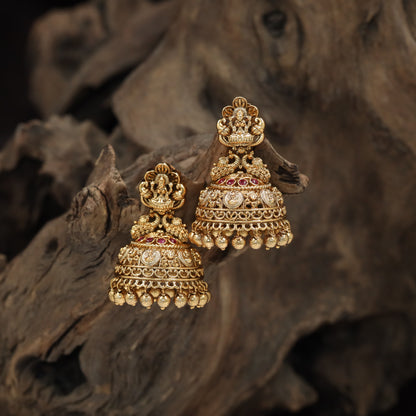 Temple jhumka with Lakshmi stud and layered dome detailing