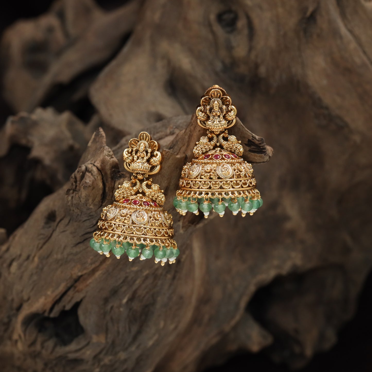Temple jhumka with Lakshmi stud and layered dome detailing
