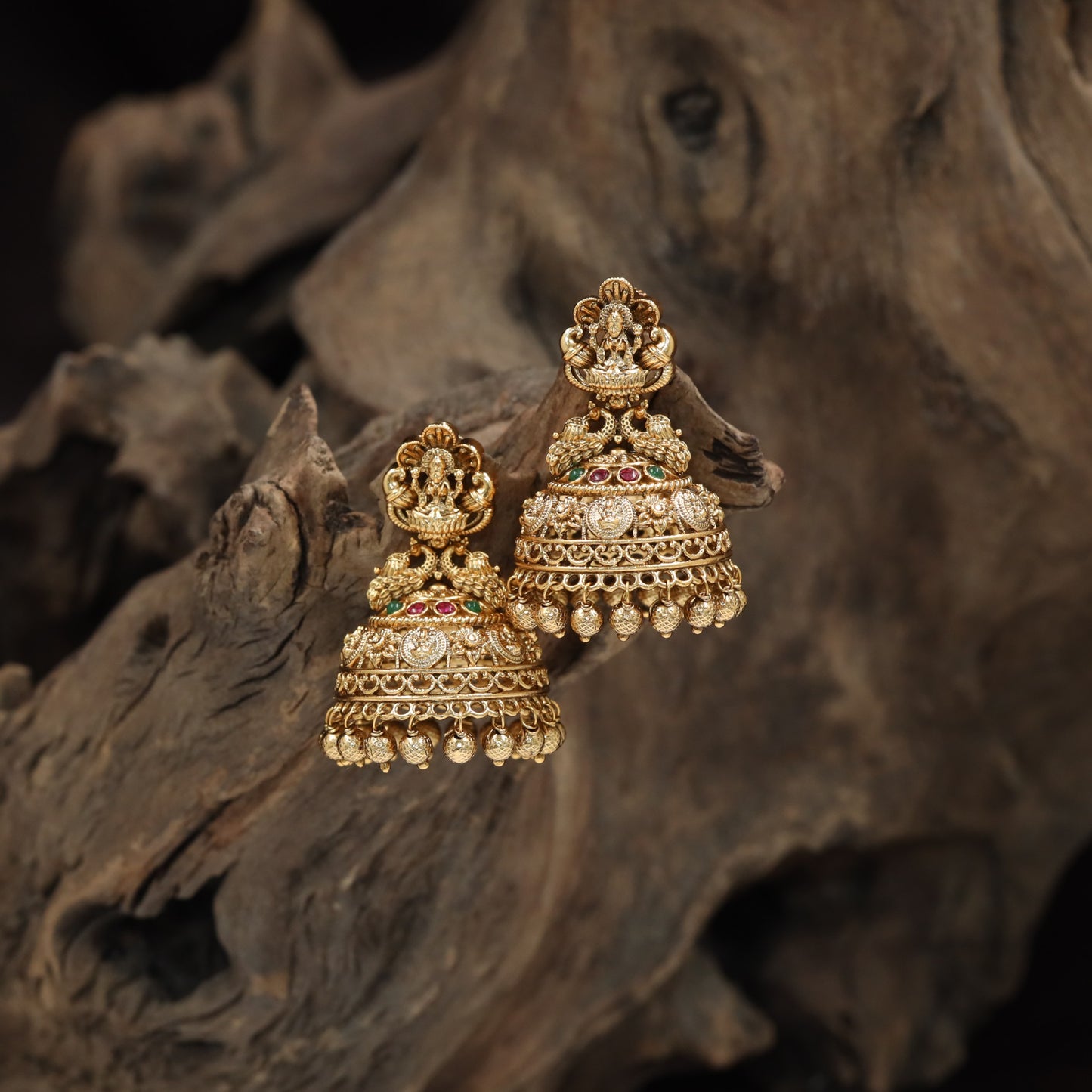 Temple jhumka with Lakshmi stud and layered dome detailing