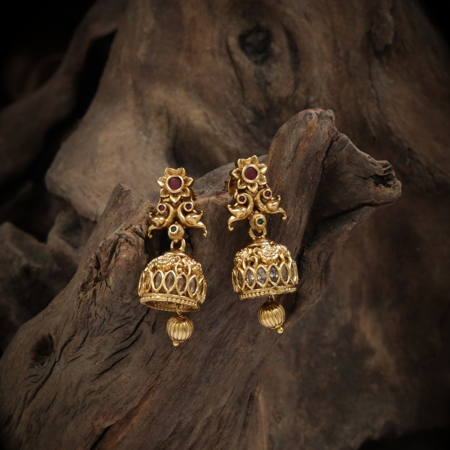 Sculpted jhumka with botanical top and carved dome detailing