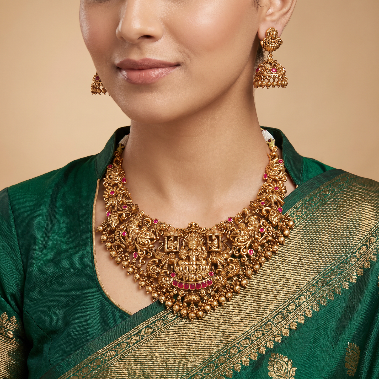 Royal Antique Lakshmi necklace with heritage temple detailing