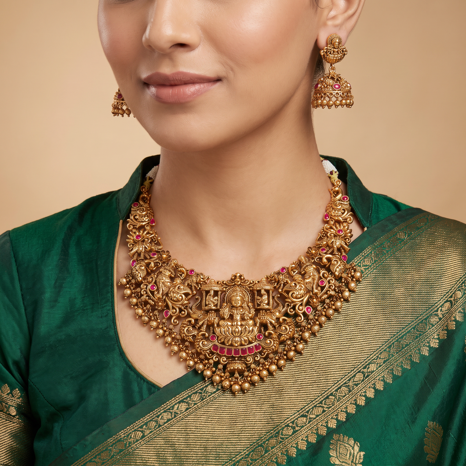 Royal Antique Lakshmi necklace with heritage temple detailing