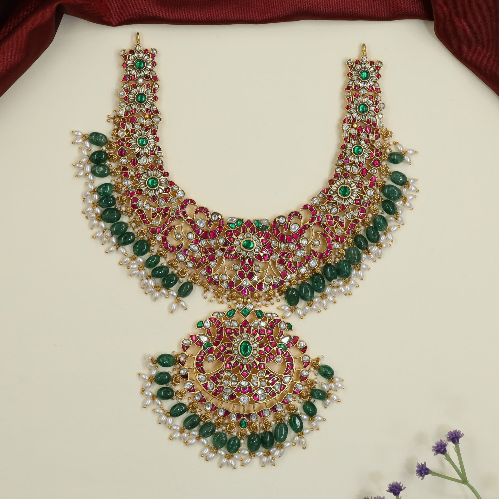 Royal Peacock Jadau Necklace with Floral Lattice Design