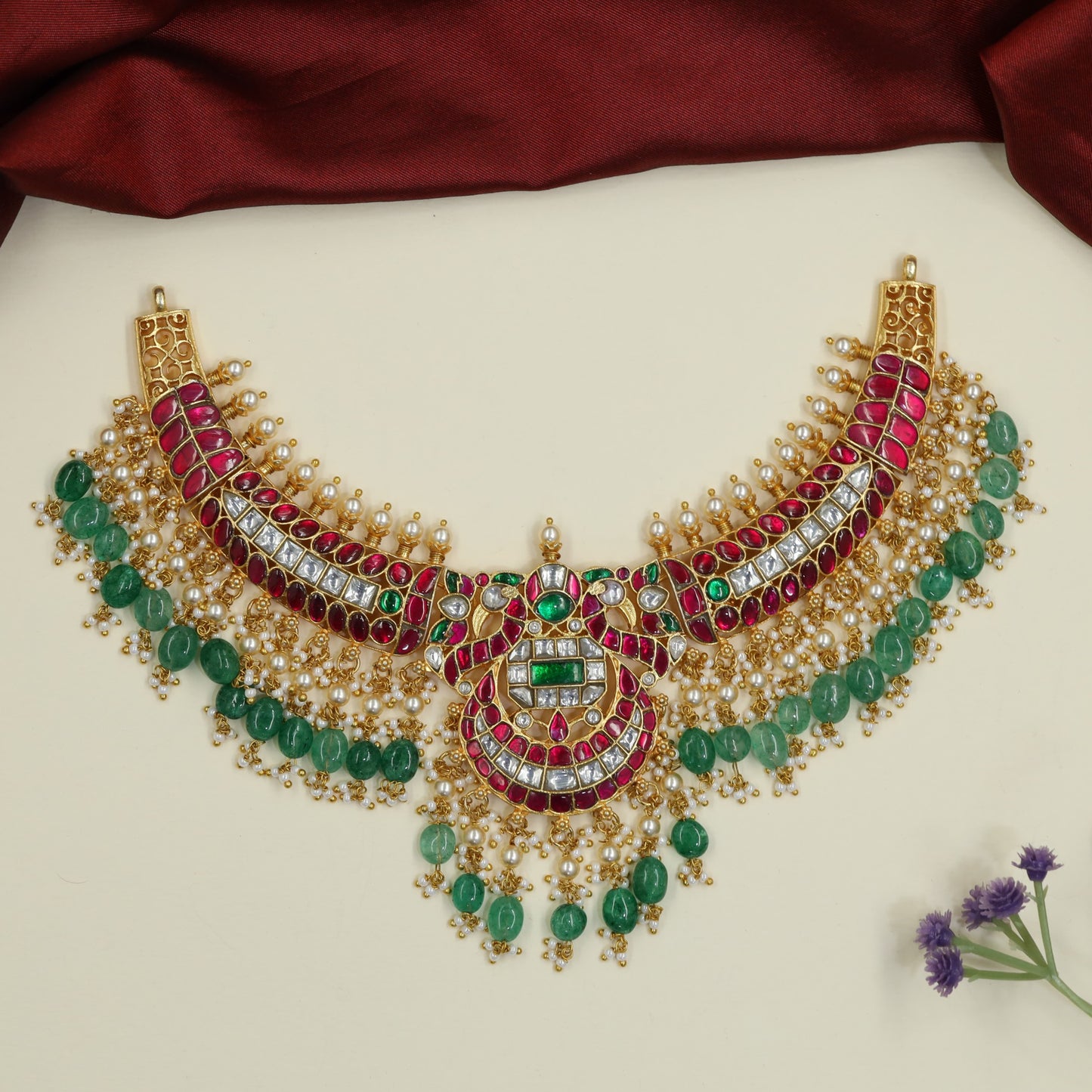 Ceremonial Swan Jadau Necklace with Bead Border