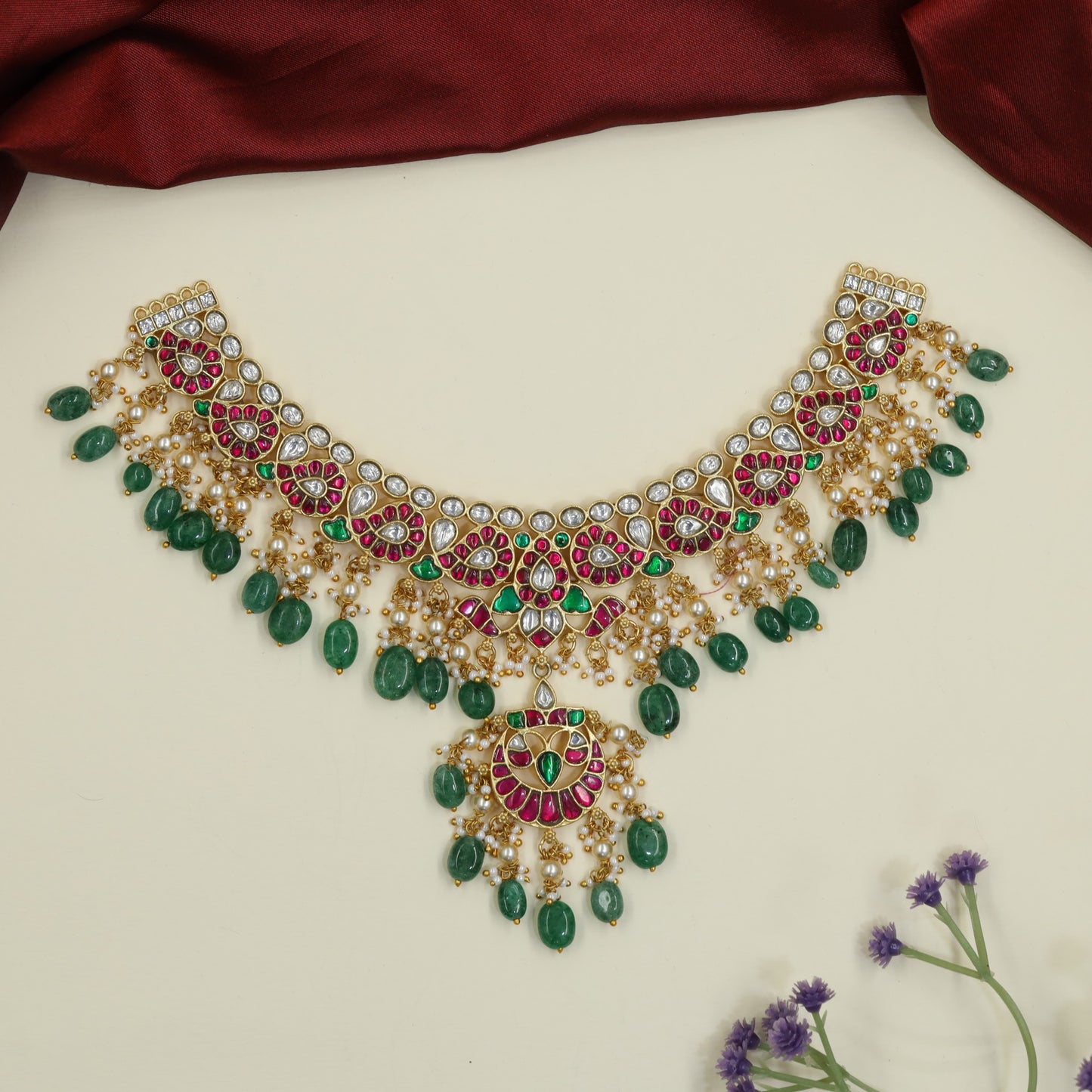 Collector's Peacock Jadau Necklace with Handcrafted Finish