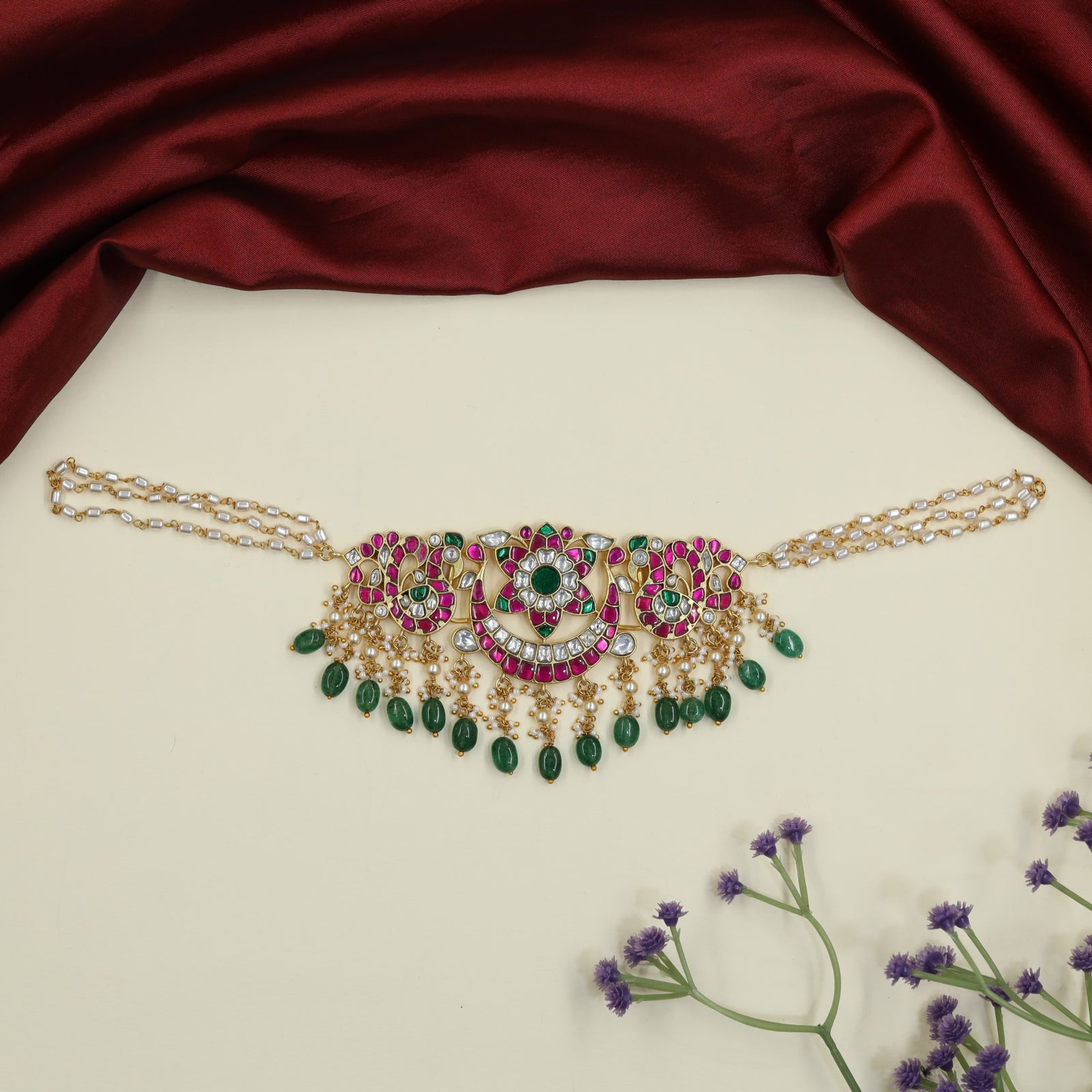 Botanical Jadau Choker with Pearl Strand Chain