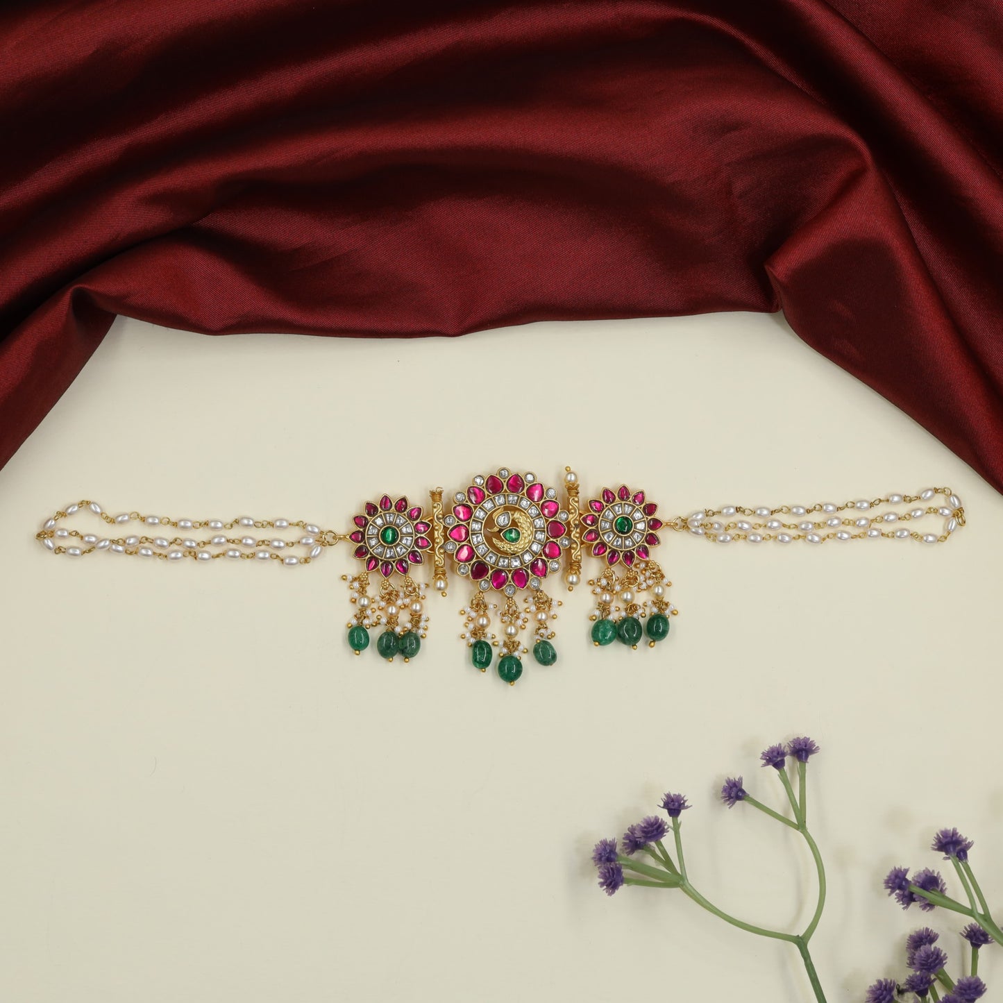 Signature Floral Jadau Choker with Hanging Charms