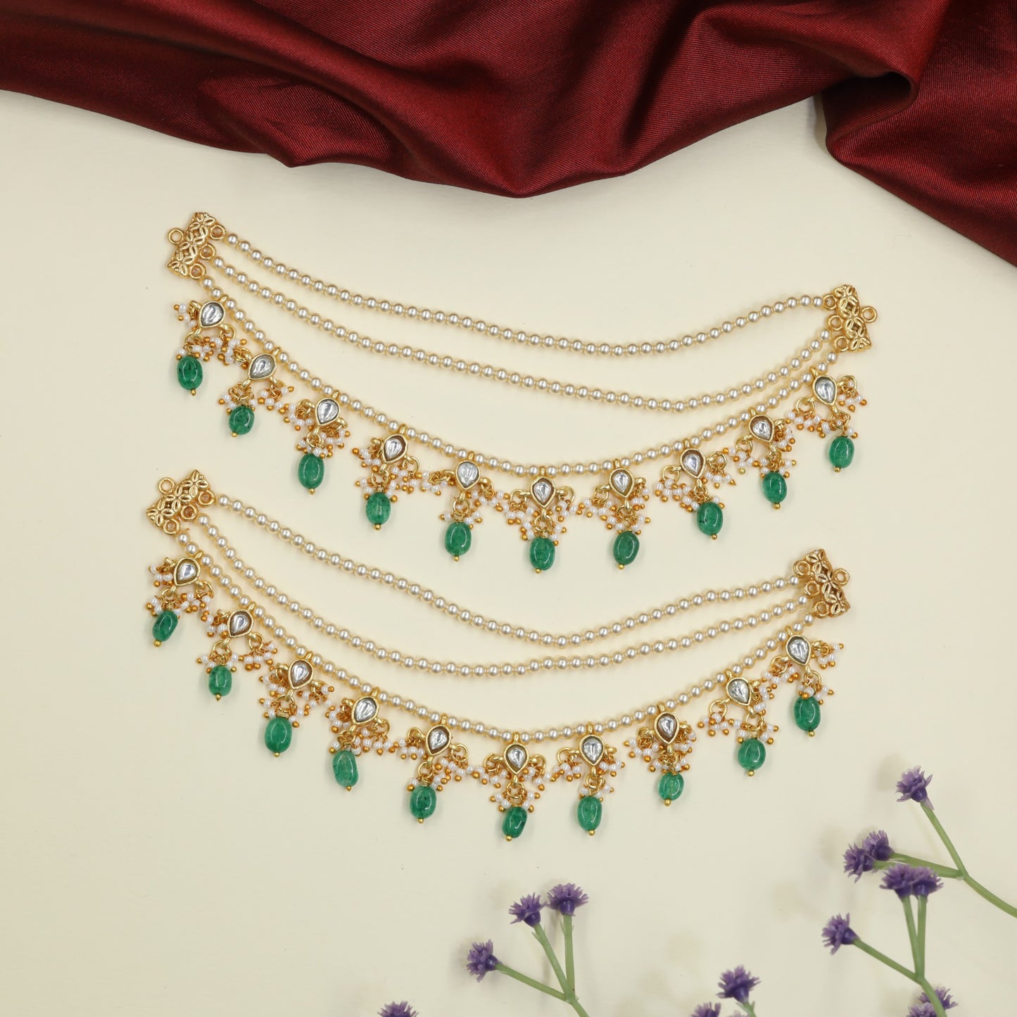 Handcrafted Kundan Mati with Triple Pearl Strands