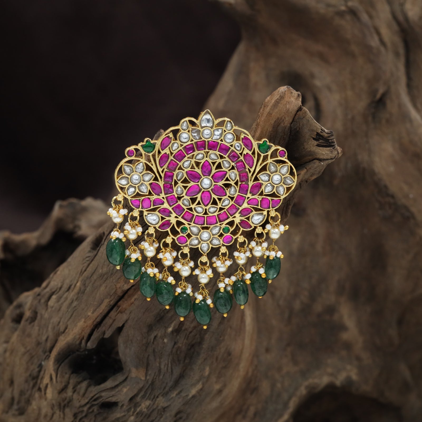 Handcrafted Jadau Pendant with Rosette Medallion Design