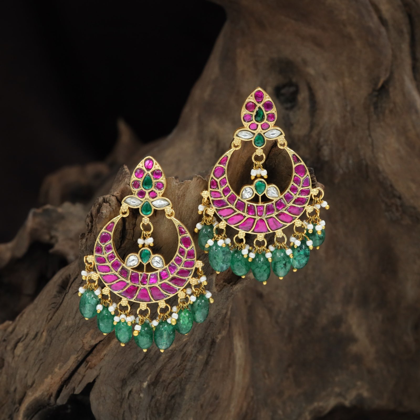 Crescent Jadau Hangings with Teardrop Crown Design