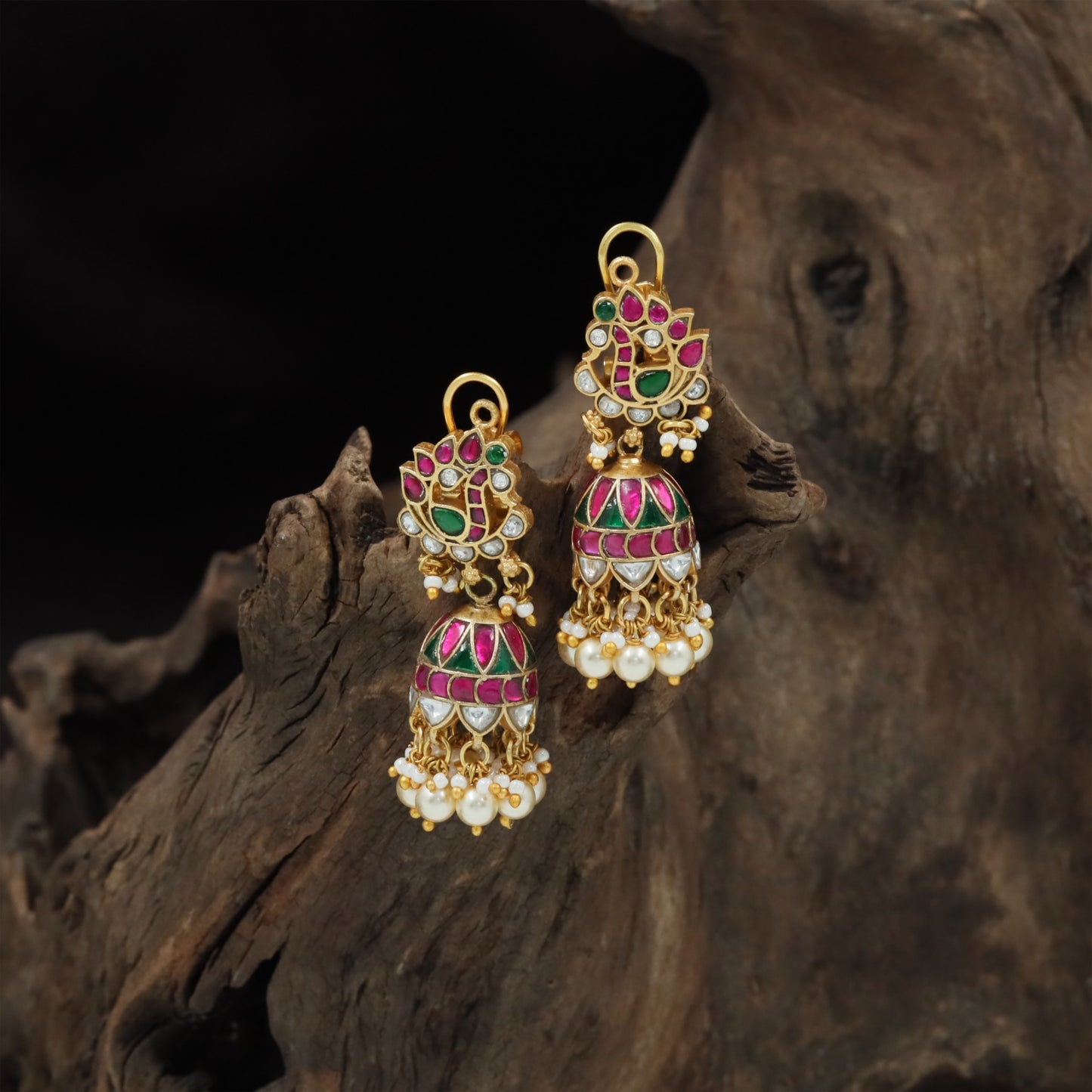 Peacock Jadau Jumka with Pearl Tassel Fringe