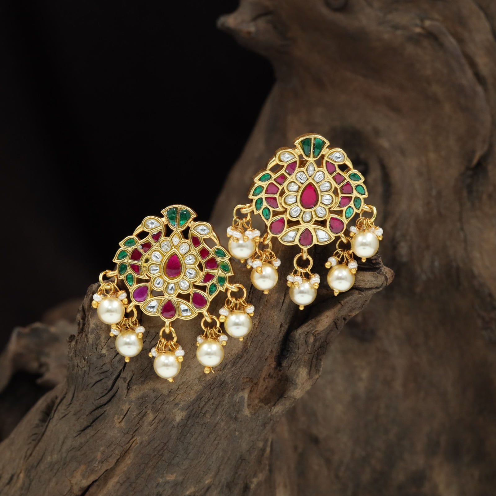 Peacock Feather Jadau Stud with Pearl Drops
