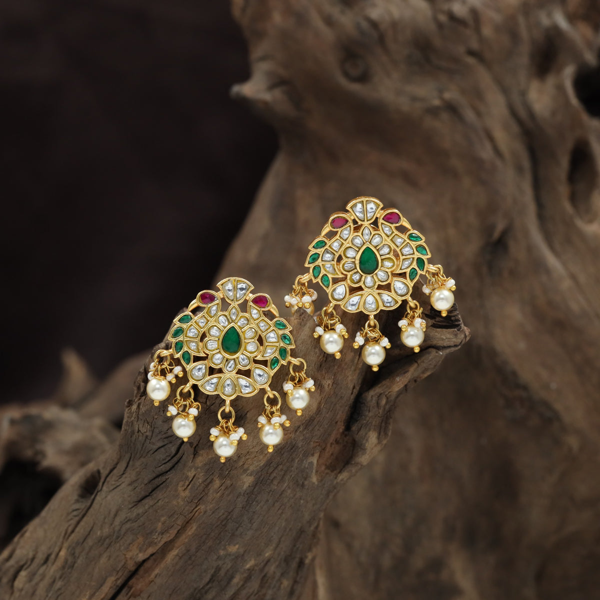 Peacock Feather Jadau Stud with Pearl Drops